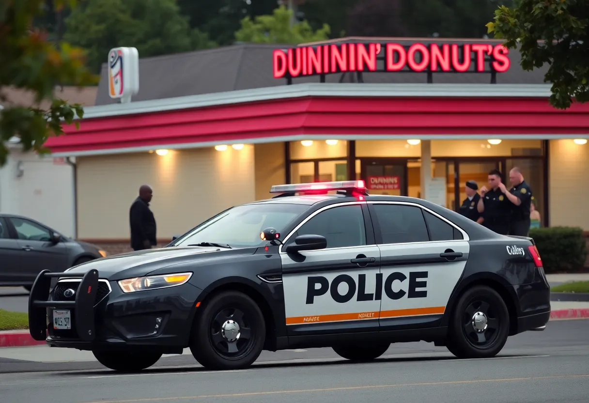 Police investigating drug distribution outside a Dunkin' Donuts.