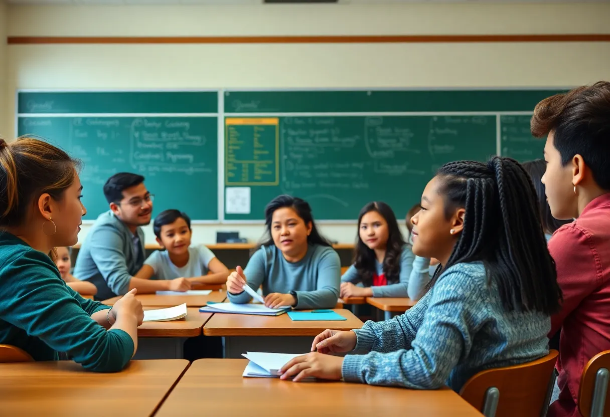 Diverse group of teachers and students in a classroom discussing educational policies.