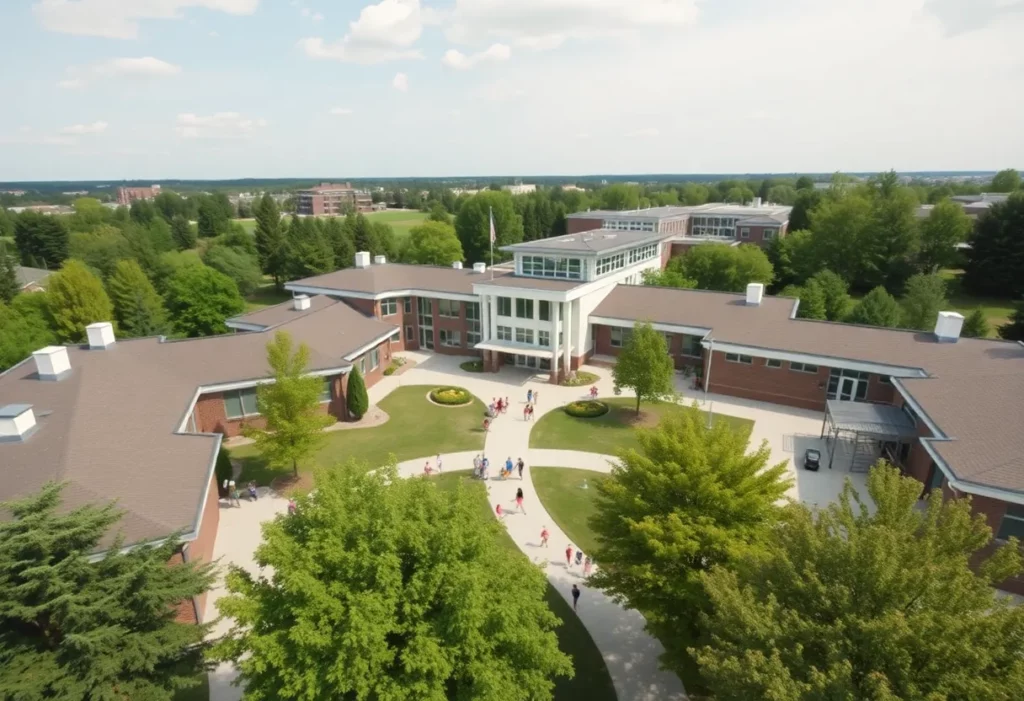 A private K-12 school with students playing outside in a beautiful environment.