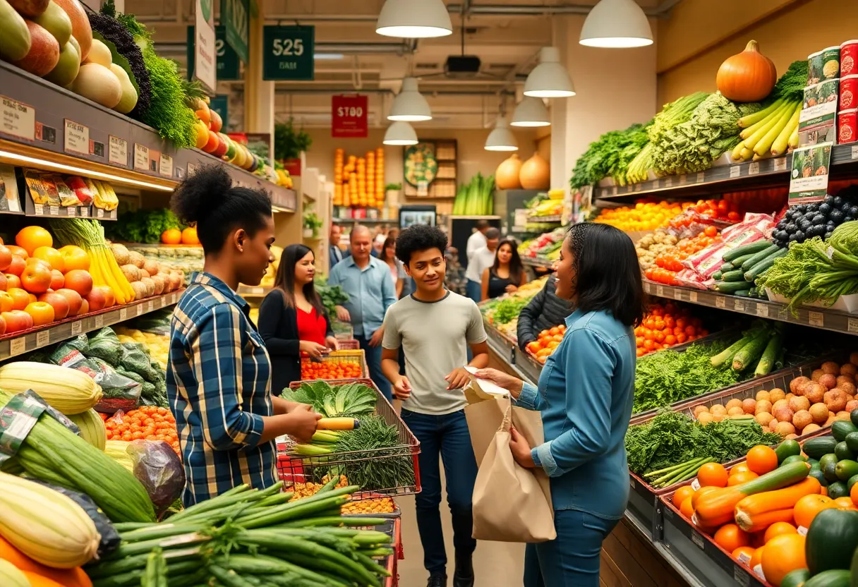 A busy community grocery store showcasing diverse shoppers and fresh food offerings.