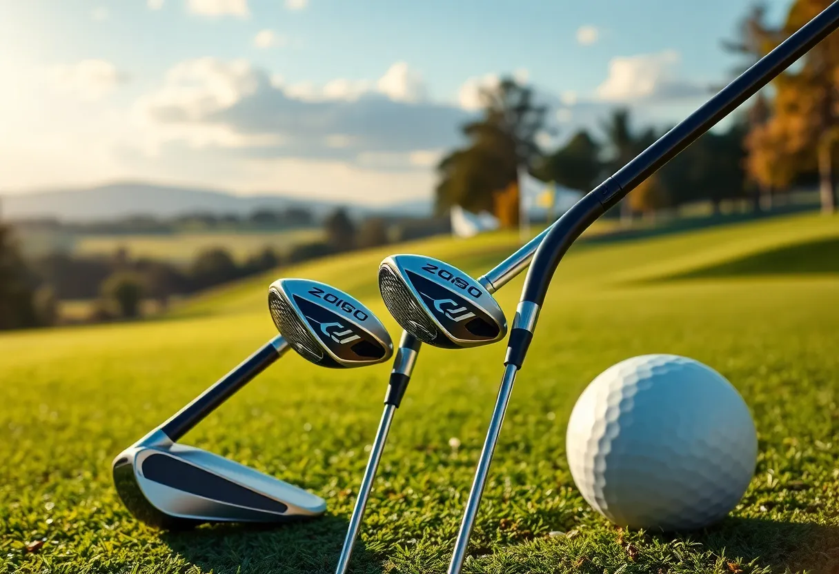 Display of innovative golf equipment from PXG including clubs and apparel.