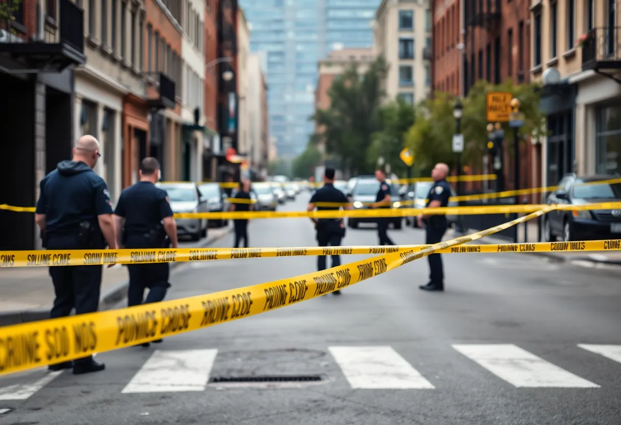 Police officers investigating a shooting scene in Roxbury, Boston.