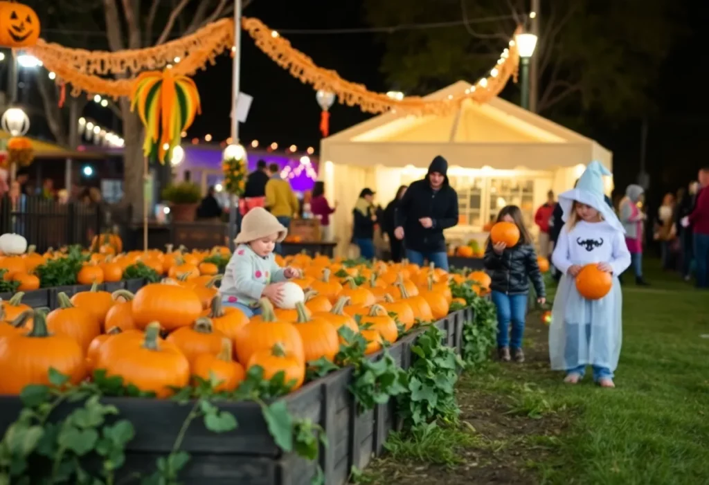Decorative Halloween scene with pumpkins and spooky decorations in Salem