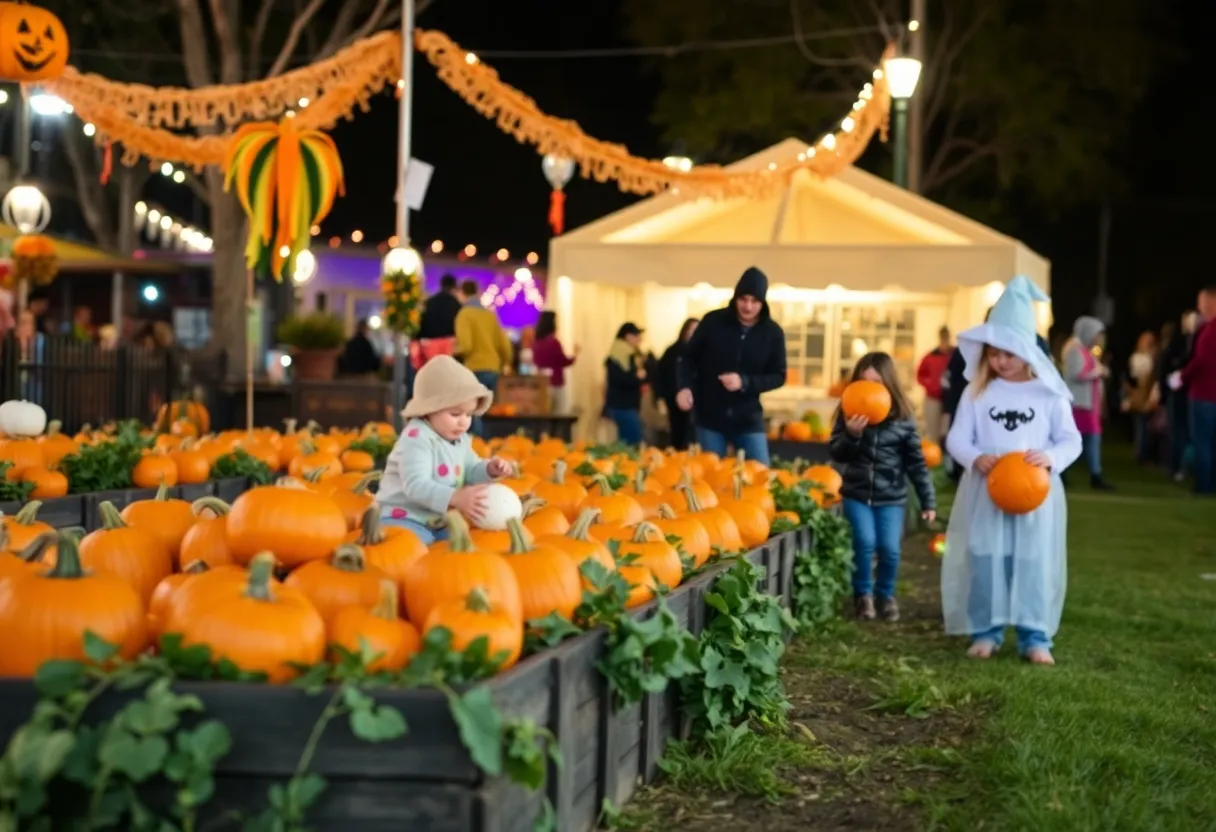 Decorative Halloween scene with pumpkins and spooky decorations in Salem