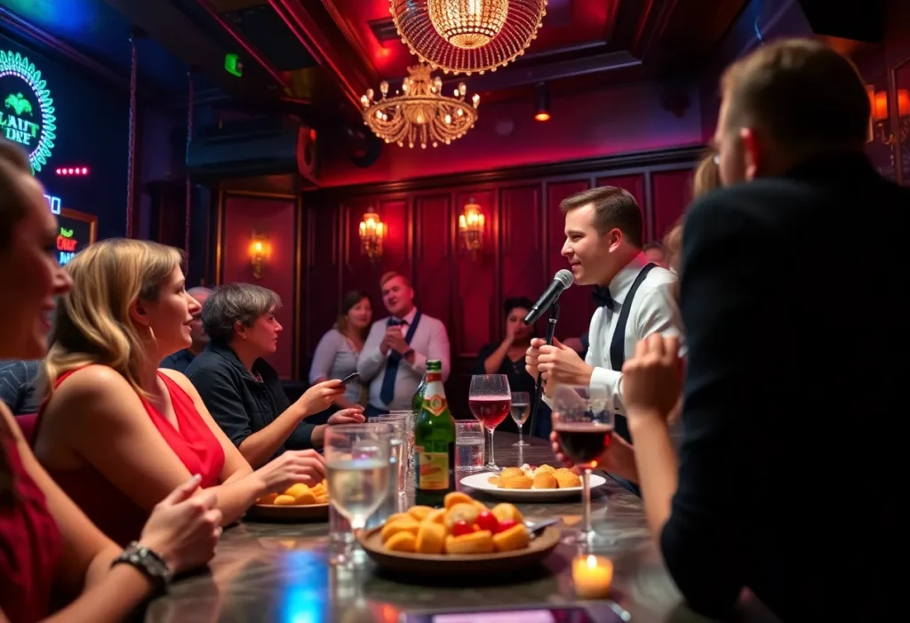 A vibrant cabaret performance with singers and an engaged audience in a cozy venue.