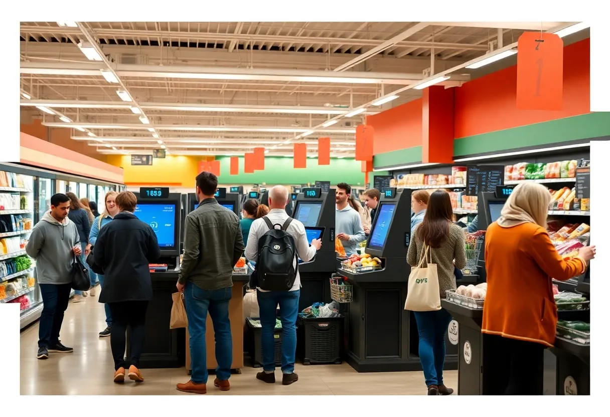 Customers using self-checkout kiosks in a grocery store.
