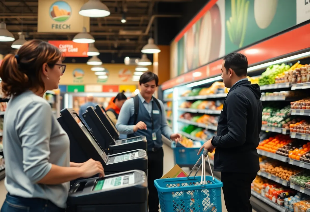 Self-checkout stations in a grocery store with staff assistance