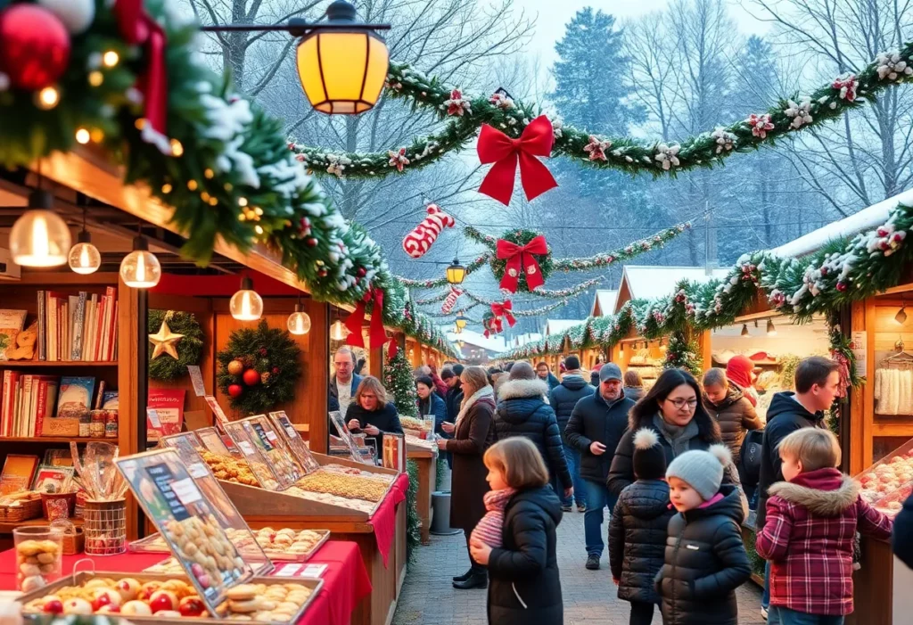 Families enjoying the Snowport Holiday Market in Boston's Seaport
