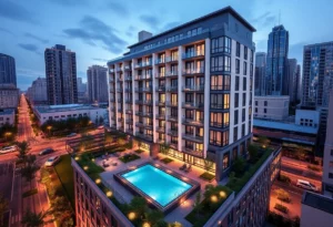 Exterior view of The Morgan Provost Square, a modern apartment community in Jersey City.