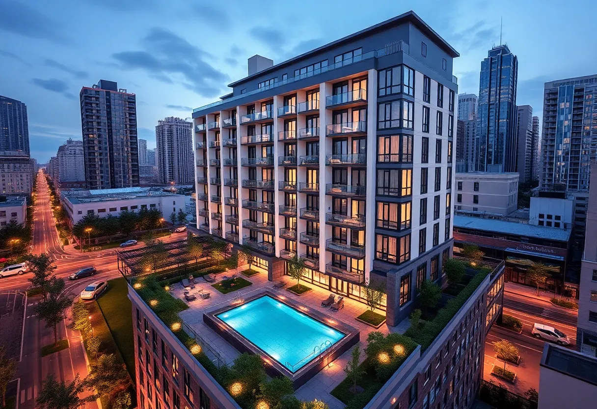 Exterior view of The Morgan Provost Square, a modern apartment community in Jersey City.
