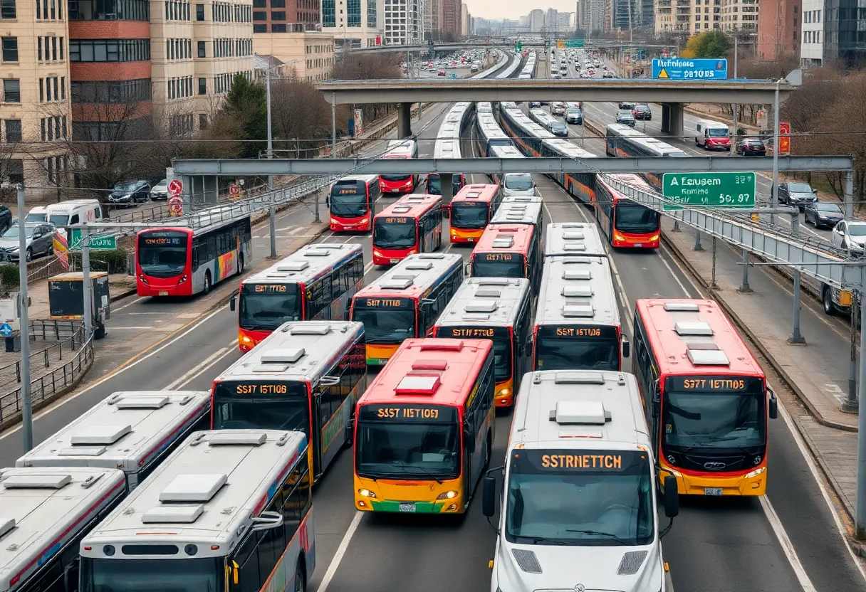 Transportation scene in Massachusetts with buses and trains