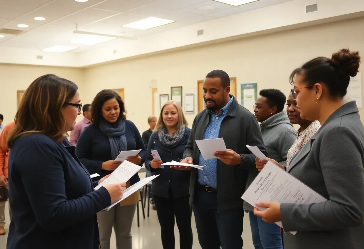 People discussing voter registration at a community center