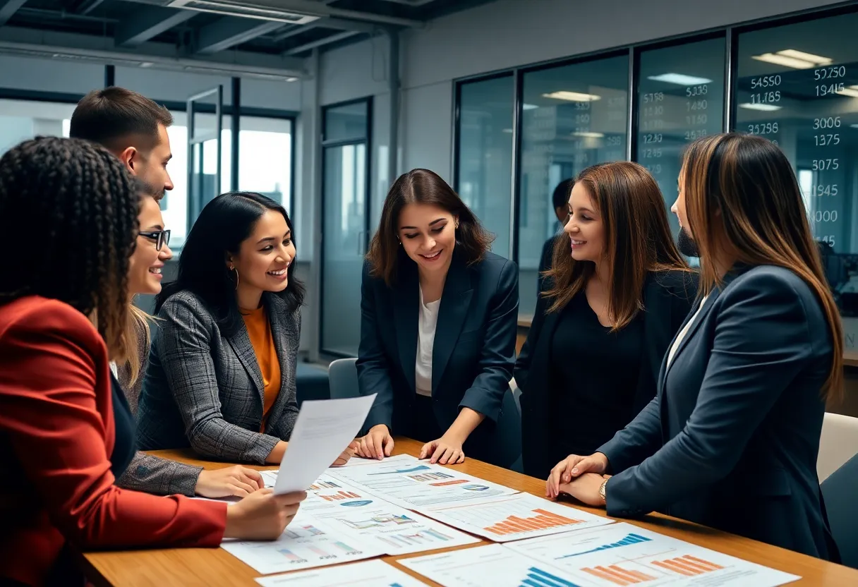 Employees discussing wage transparency in an office setting
