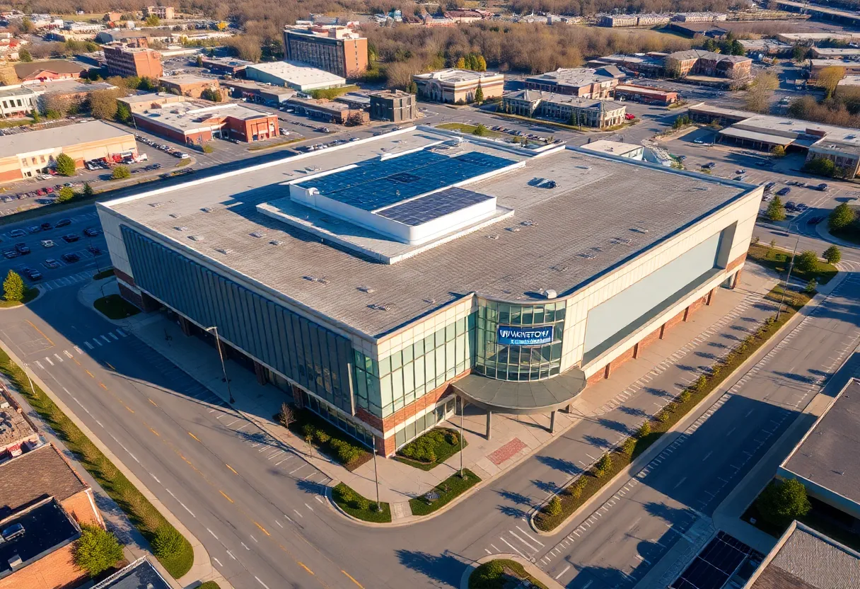 Aerial view of the Watertown Mall showing the shopping center and its surroundings.