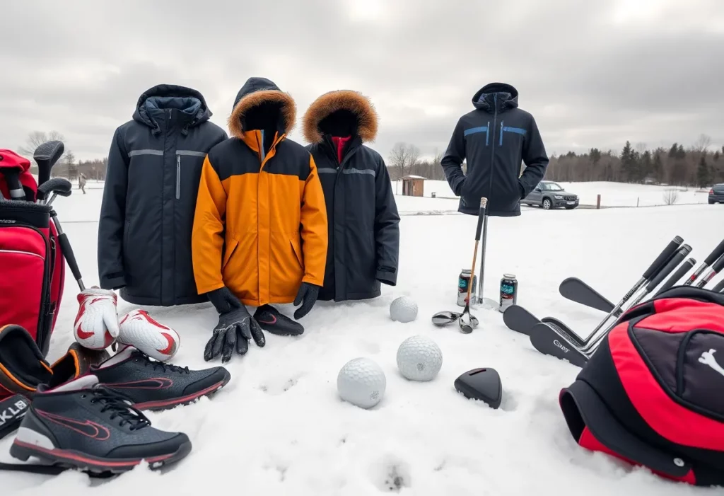 Golfers playing on a snowy course in winter attire