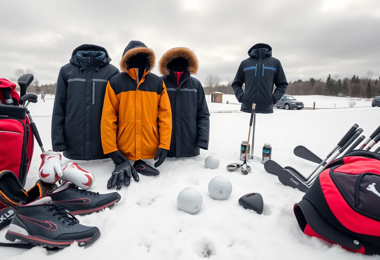 Golfers playing on a snowy course in winter attire