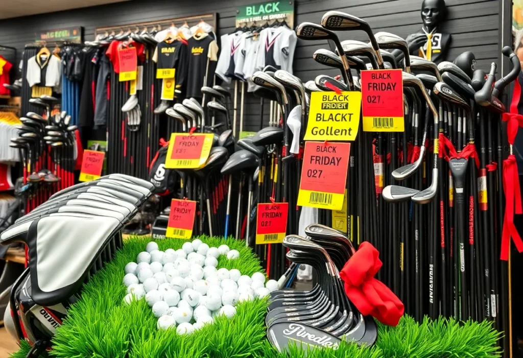Flat lay of golf equipment including clubs, bags, and apparel on sale for Black Friday.