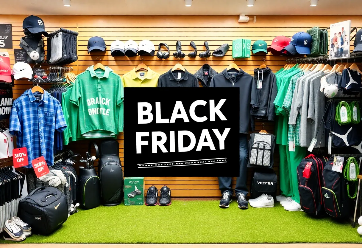 Golf products on sale for Black Friday, including clubs and apparel.