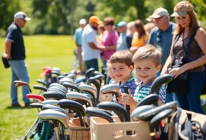 Children enjoying a community golf event with donated gear.
