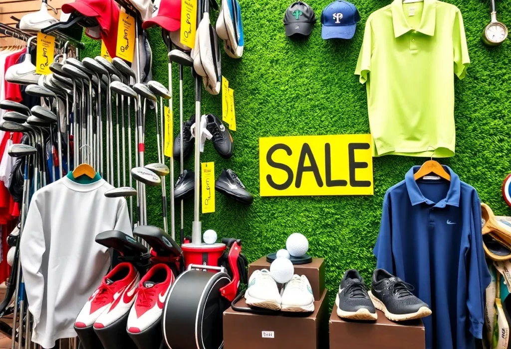 Display of various golf equipment available on discounts during Amazon Prime Day 2025.