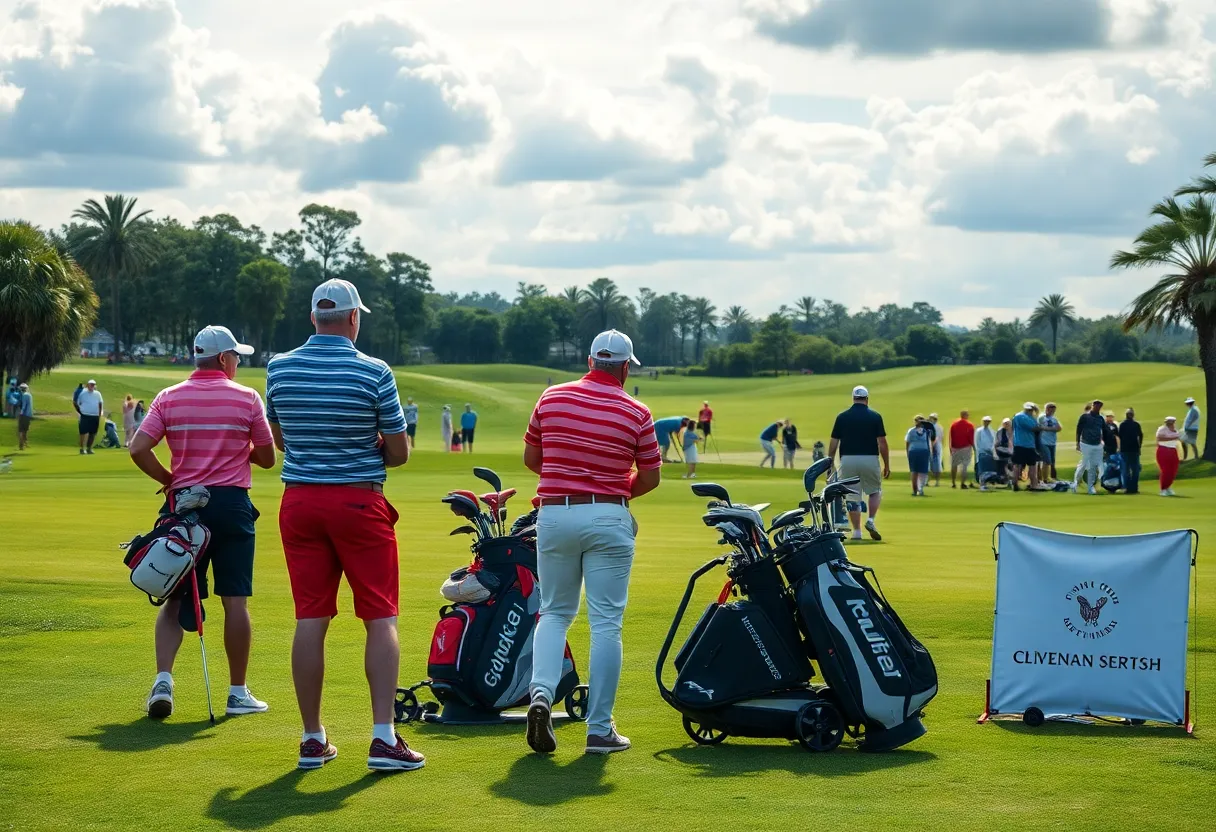 Golfers practicing on a course with high-quality equipment