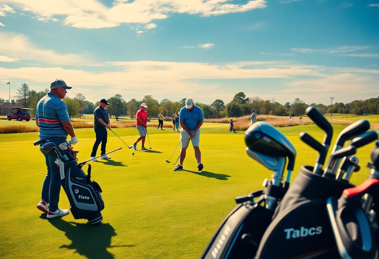 Golfers using different types of golf equipment on a sunny day at the course.