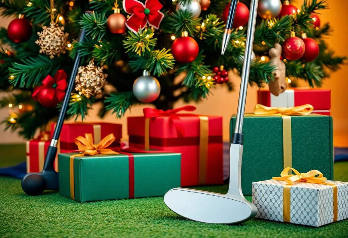 Holiday themed display of golf products and equipment.
