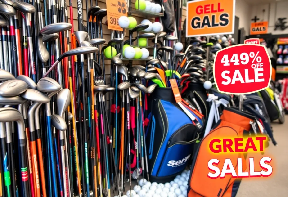 Promotional display of golf equipment during Savings Days event at PGA TOUR Superstore