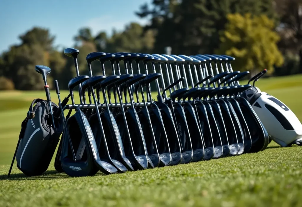 Display of PXG golf clubs on a lush green golf course