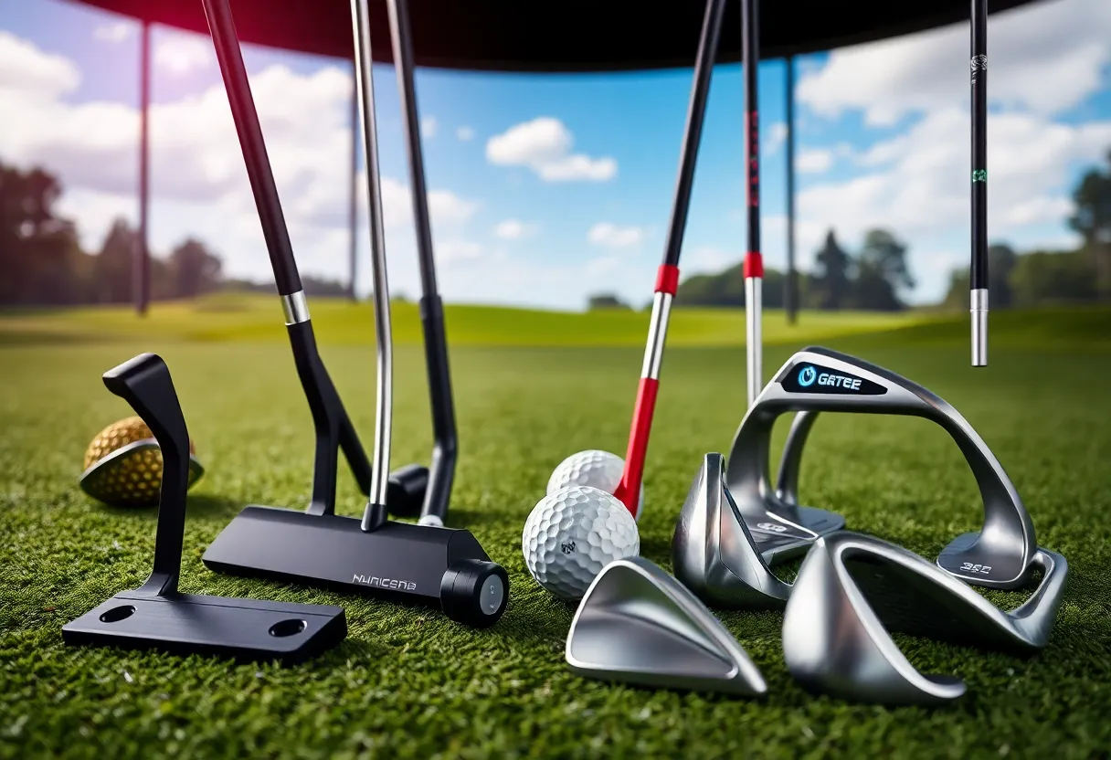 A variety of 2025 golf equipment including putters, wedges, and gadgets.