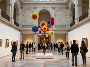 Sculptures suspended in the air at Adria Arch's 'Airplay' art exhibition