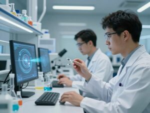 Scientists utilizing AI technology in a biotech lab.