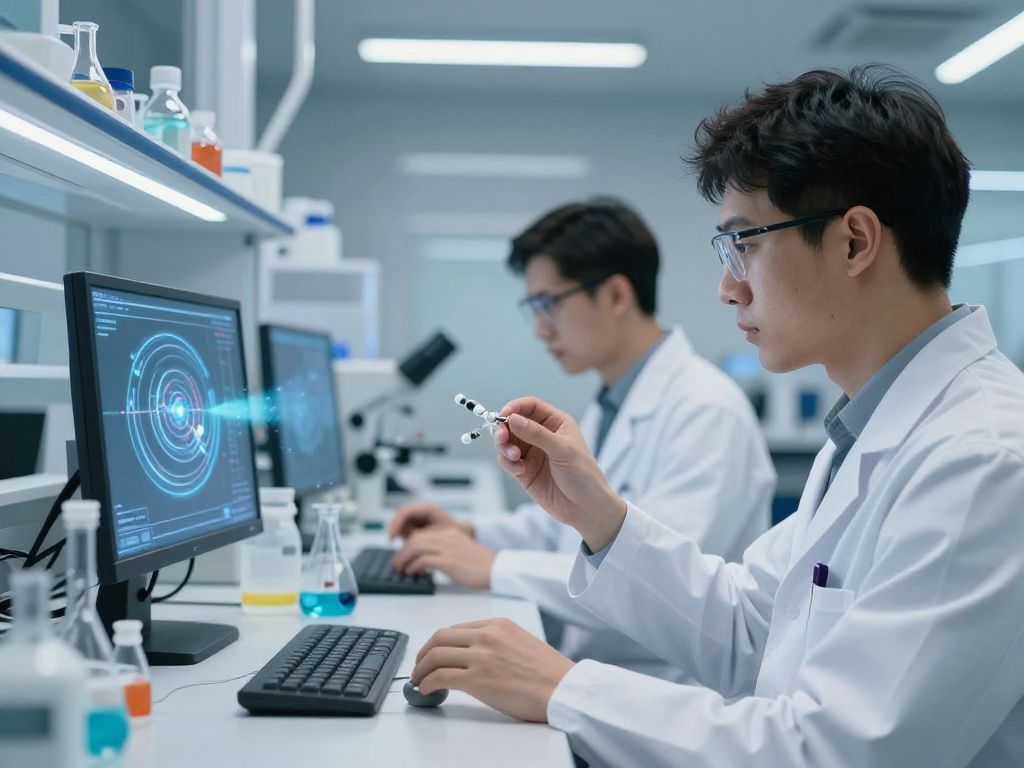 Scientists utilizing AI technology in a biotech lab.