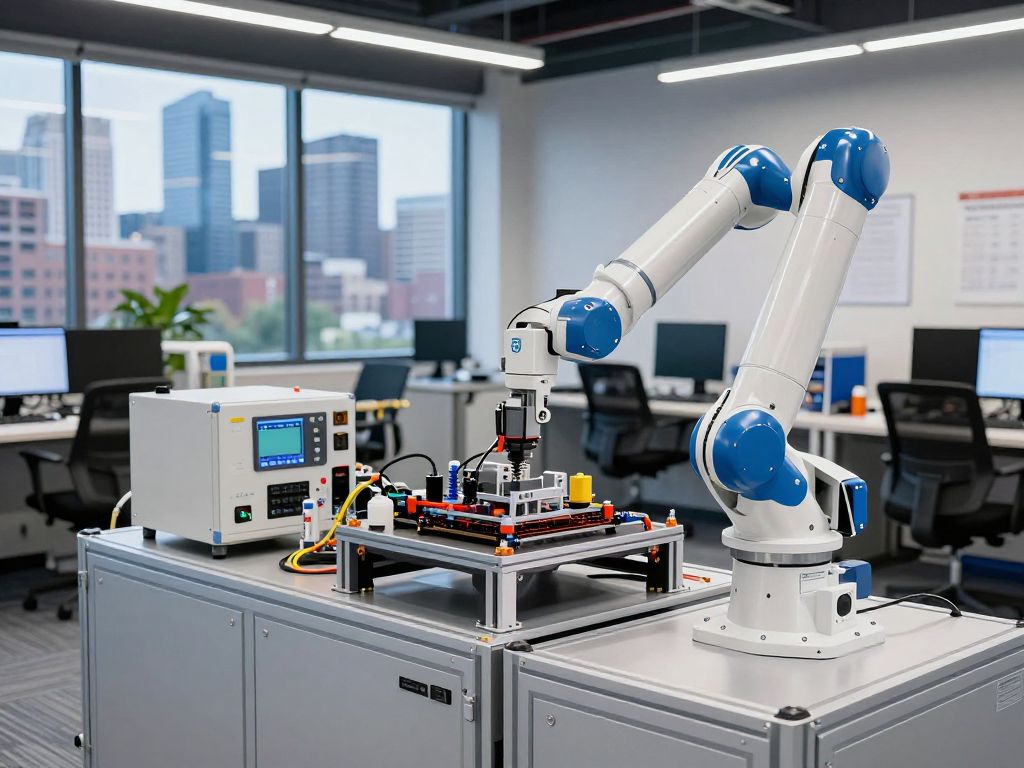 Exterior view of Amazon Robotics facility in North Reading with advanced technology and the Boston skyline.