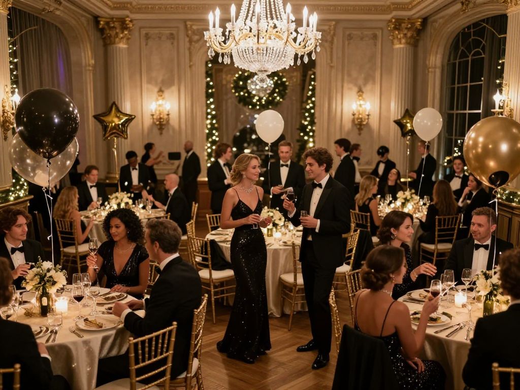 Attendees enjoying an elegant New Year's Eve ball in a grand ballroom.