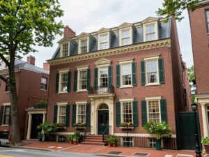 Exterior view of grand townhouse at 59 Commonwealth Avenue, Boston.