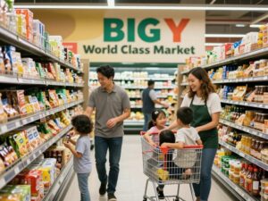 Big Y supermarket in Massachusetts with shoppers and staff