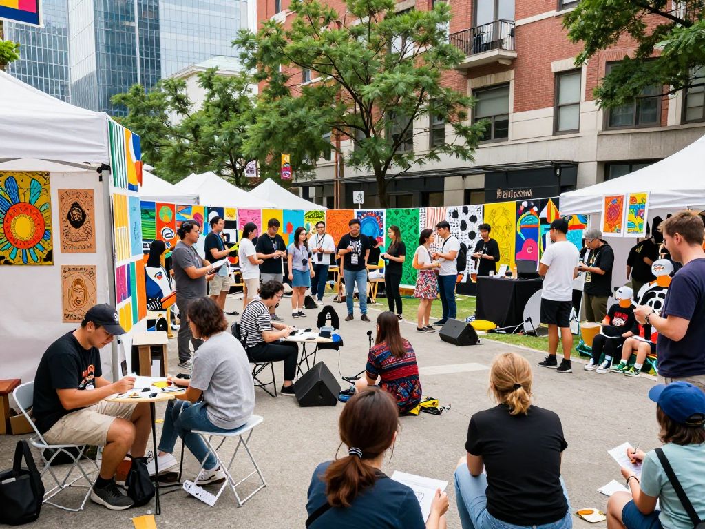 Crowd enjoying the Boston Arts Festival with various art installations.
