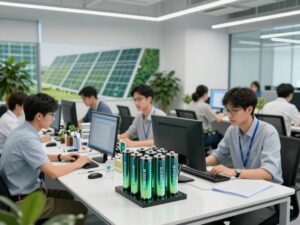Engineers working in a battery technology start-up office