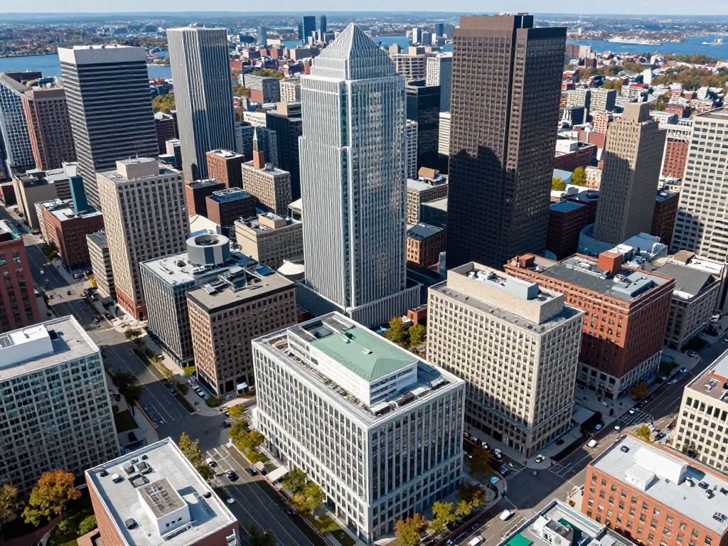 Aerial view of Boston's biotechnology district with modern buildings.