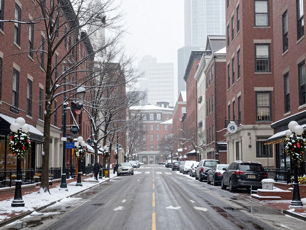 Serene winter view of Boston cityscape adorned with holiday decorations.
