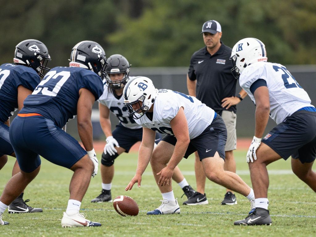 Boston College football players practicing with their coaches