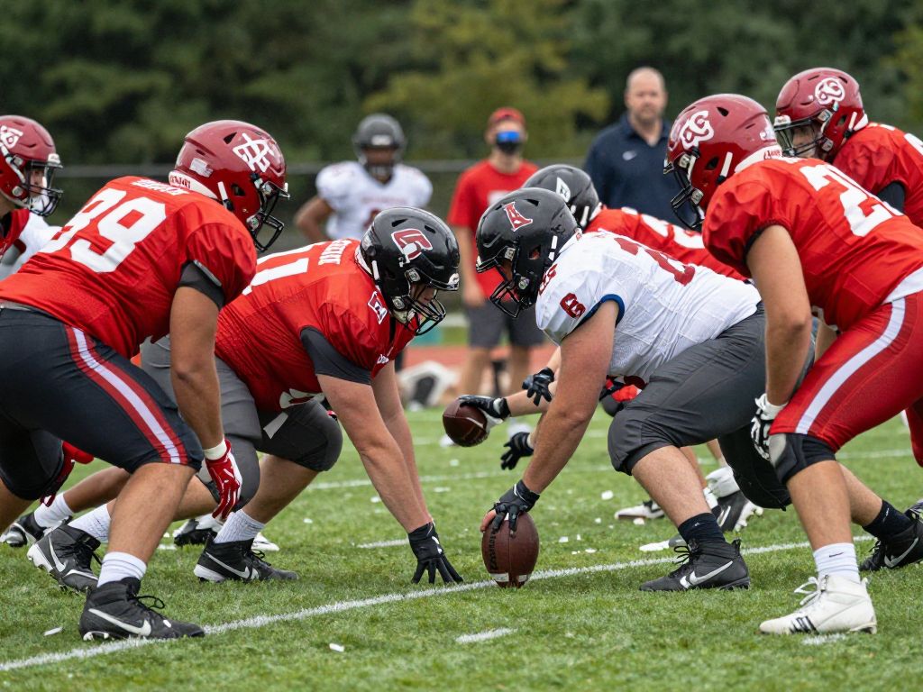 Boston College football players practicing their offensive line strategies.
