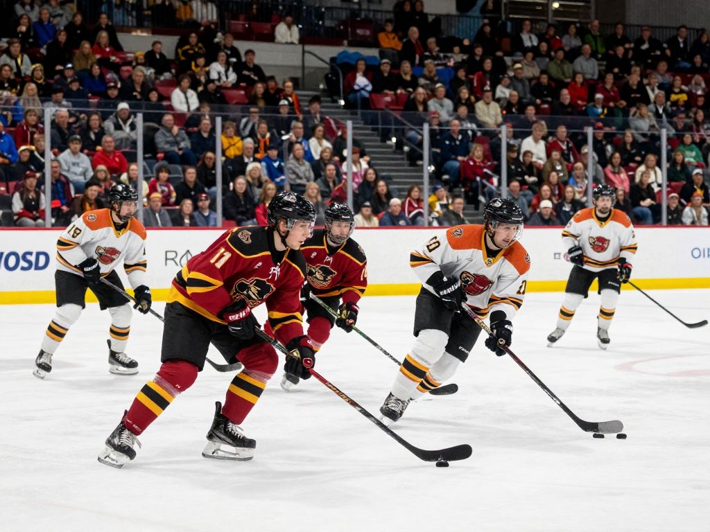 Boston College hockey players in action during a game