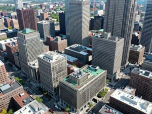 Aerial view of downtown Boston commercial real estate