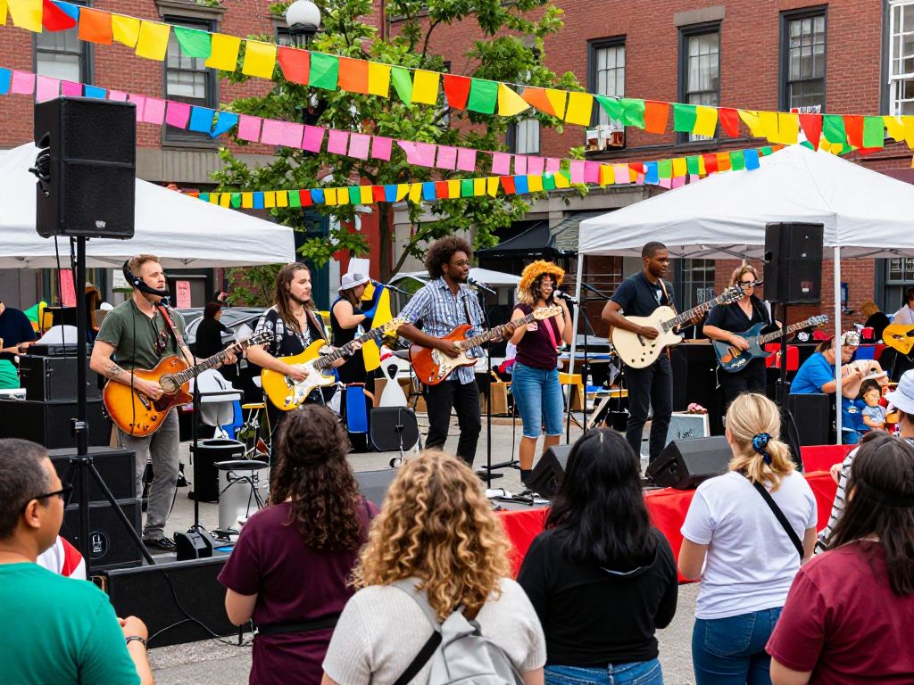 A lively atmosphere of a community event in Boston with music and participants.
