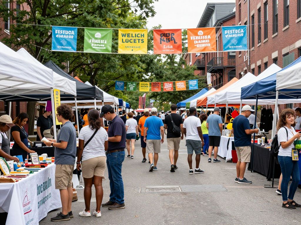 Residents participating in a lively Boston community event with vendors and colorful decorations