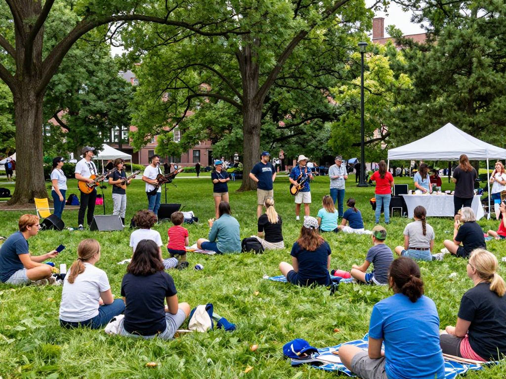 Community gathering in Boston park with families and musicians