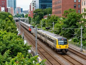Modern trains on Boston's commuter rail tracks amidst city scenery