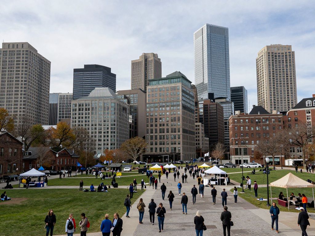 Boston skyline with active businesses and community engagement
